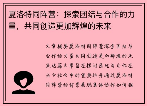 夏洛特同阵营：探索团结与合作的力量，共同创造更加辉煌的未来