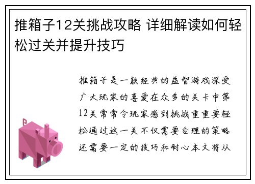 推箱子12关挑战攻略 详细解读如何轻松过关并提升技巧