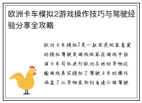 欧洲卡车模拟2游戏操作技巧与驾驶经验分享全攻略 欧洲卡车模拟2游戏操作技巧与驾驶经验分享全攻略